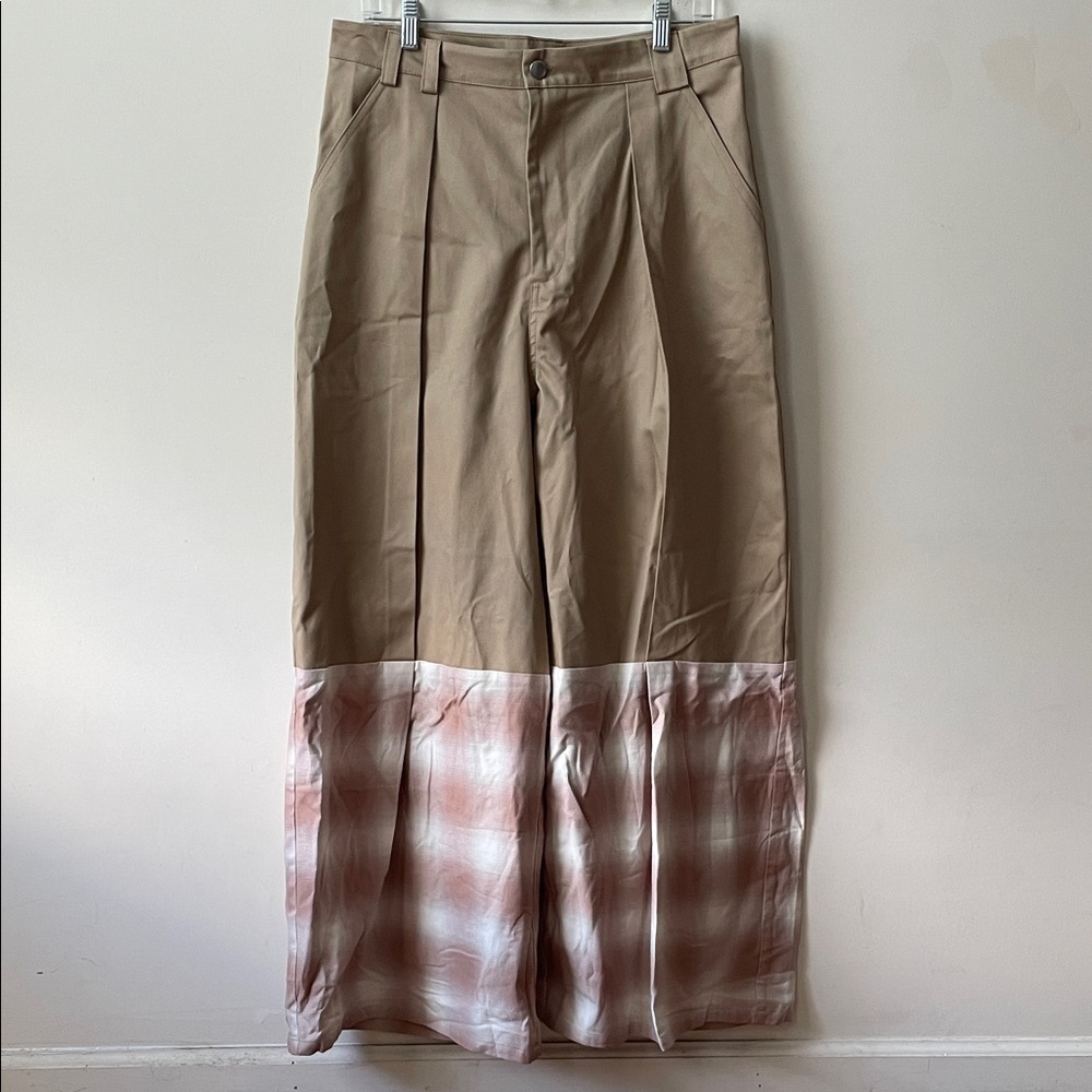 Collina Strada Tan Pink Plaid super baggy Chino pants pleated size large 2 tone